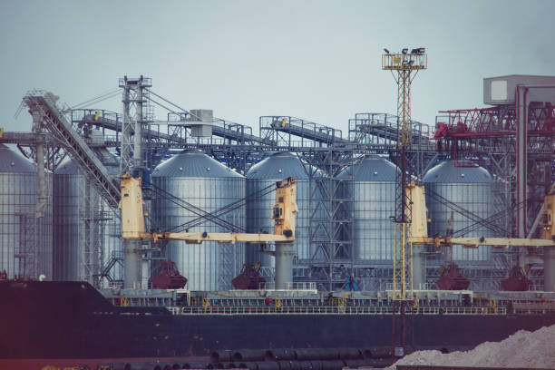 Port grain elevator. Industrial sea trading port bulk cargo zone grain terminal.