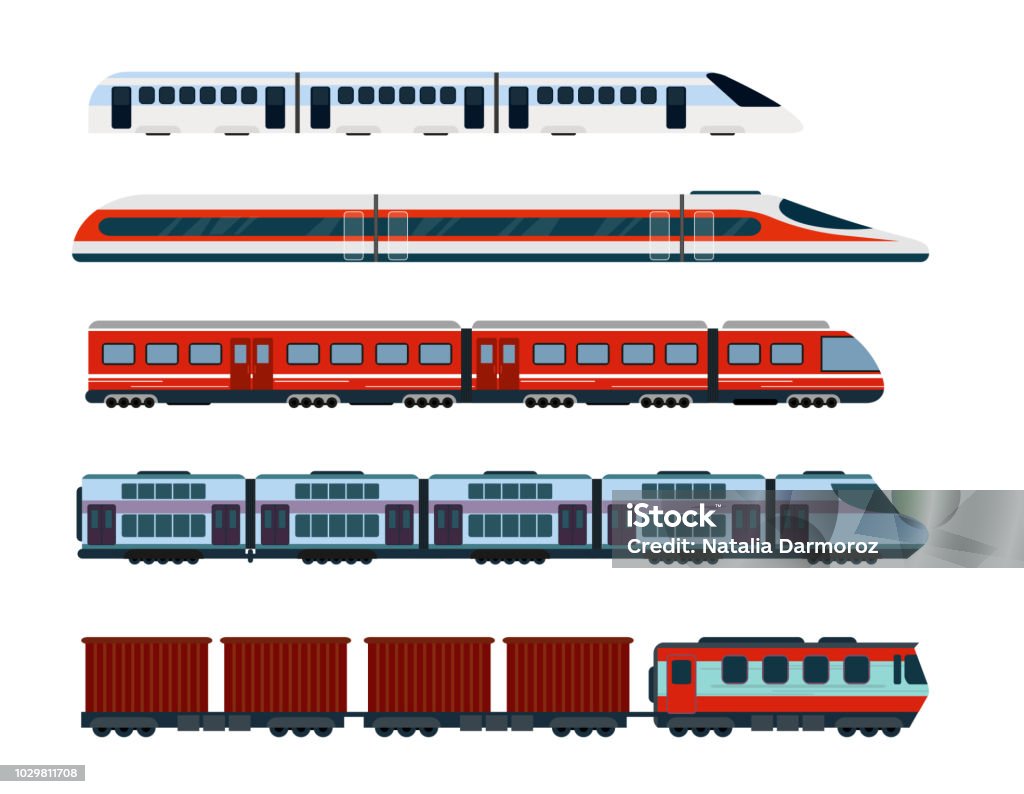 벡터 일러스트 레이 션 현대 여객 열차의 설정. 지하철 교통, 고속 열차 및 지하철. 평면 스타일에 지하철 열차입니다. - 로열티 프리 기차 벡터 아트