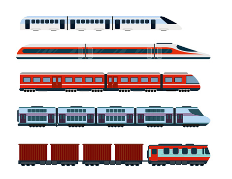 Vector illustration set of modern passenger trains. Subway transport, high speed trains and underground train. Metro train in flat style