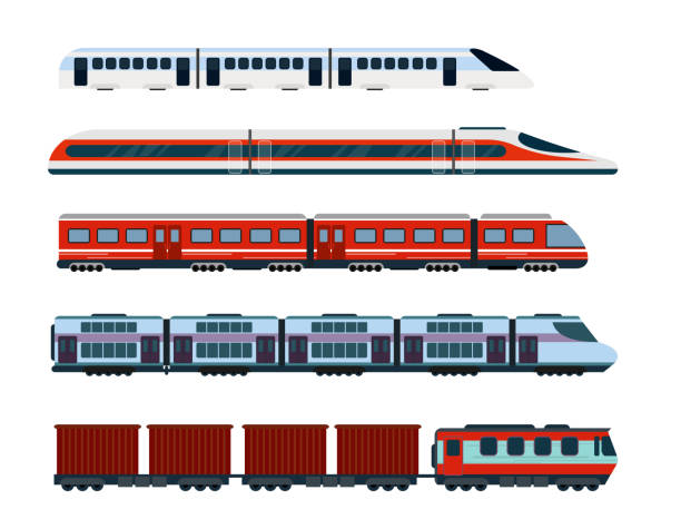 Vector illustration set of modern passenger trains. Subway transport, high speed trains and underground train. Metro train in flat style. Vector illustration set of modern passenger trains. Subway transport, high speed trains and underground train. Metro train in flat style side view illustrations stock illustrations