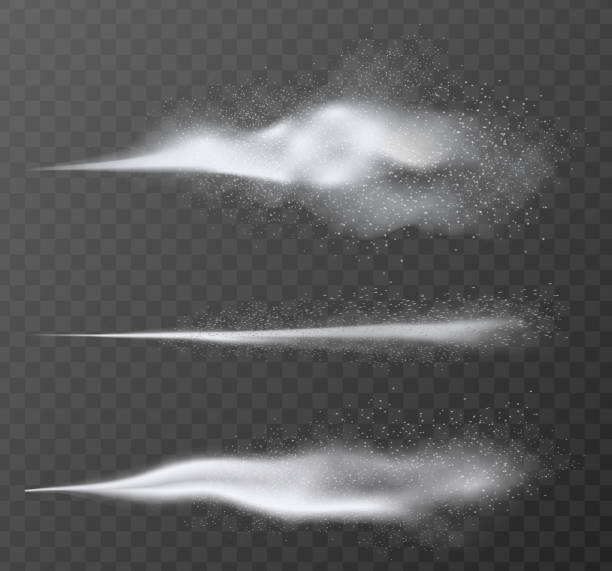 realistische vektor luftig wasser spray nebel-effekt einstellen. sprüher nebel auf dunklen transparenten alpha hintergrund isoliert. - wind effect stock-grafiken, -clipart, -cartoons und -symbole