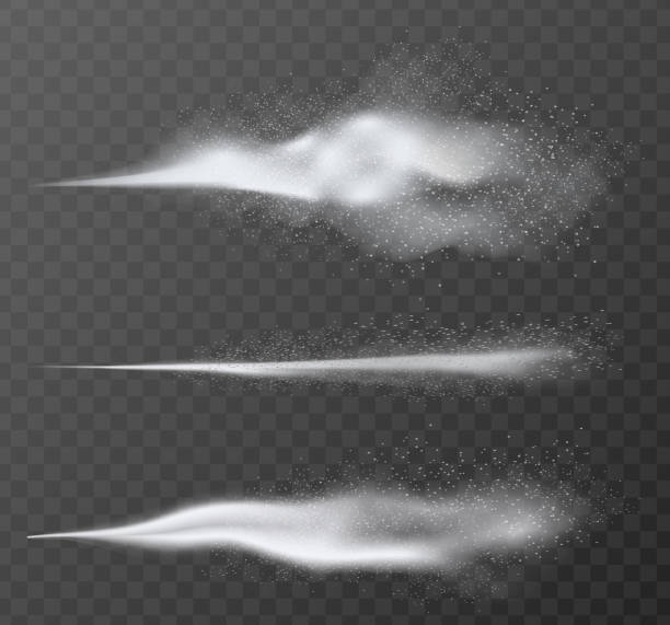 illustrazioni stock, clip art, cartoni animati e icone di tendenza di realistico vettore airy acqua spruzzare effetto nebbia set. nebbia spruzzatrice isolata su sfondo alfa trasparente scuro. - neve farinosa