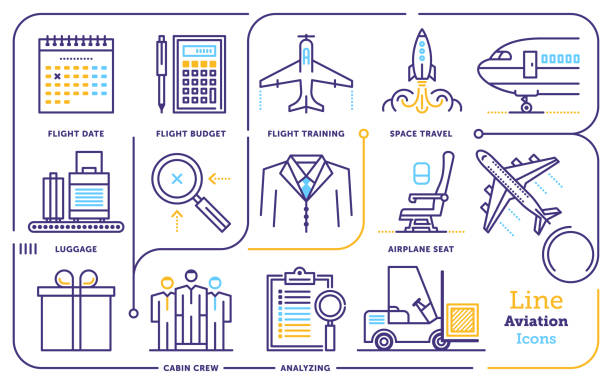 ilustraciones, imágenes clip art, dibujos animados e iconos de stock de conjunto de iconos de línea de aviación - pilot cockpit flying business
