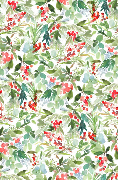 ilustrações de stock, clip art, desenhos animados e ícones de seamless watercolor christmas pattern with berries and spruce - pattern illustration and painting backgrounds seamless