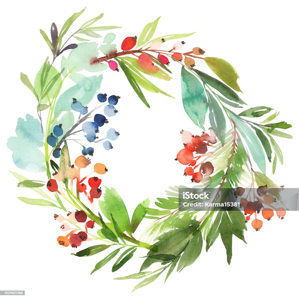 Christmas wreath with berries watercolor postcard Holiday - Event stock illustration