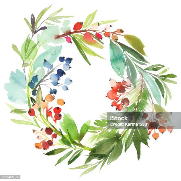 Christmas Wreath With Berries Watercolor Postcard Stock Illustration - Download Image Now - Holiday - Event, Watercolor Painting, Abstract