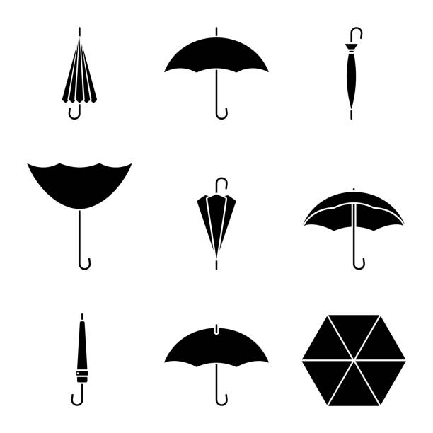 regenschirm-icon-set. schwarze silhouette von regen beständig zubehör auf weiß - umbrella stock-grafiken, -clipart, -cartoons und -symbole