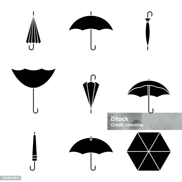 Umbrella Icon Set Black Silhouette Of Rain Resistant Accessory On White Stock Illustration - Download Image Now