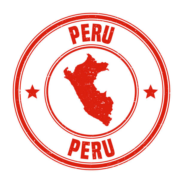 Map of Peru on a red rubber stamp in vintage style. The stamp is composed of the map in the middle with the names around, separated by stars. A grunge texture is added to create a vintage and realistic effect. Vector Illustration (EPS10, well layered and grouped). Easy to edit, manipulate, resize or colorize.