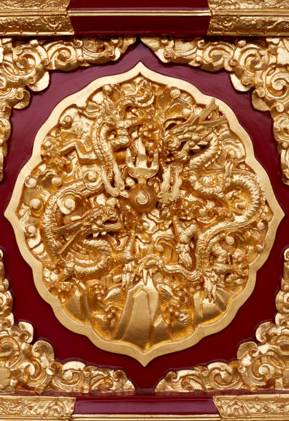 istock Chinese palace architectural details, golden dragon pattern 1029829640