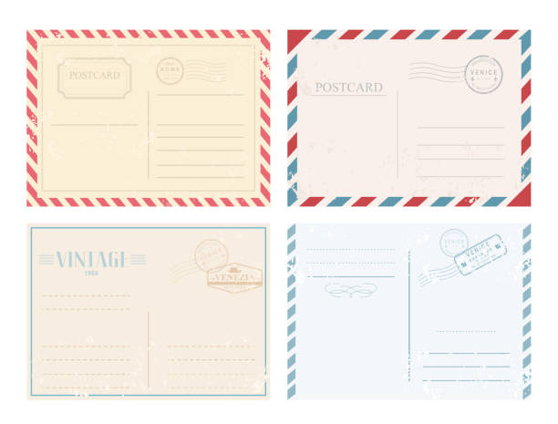 Vector illustration set of vintage postcards with stamps in retro design and pastel colors on white background. Vector illustration set of vintage postcards with stamps in retro design and pastel colors on white background travel borders stock illustrations
