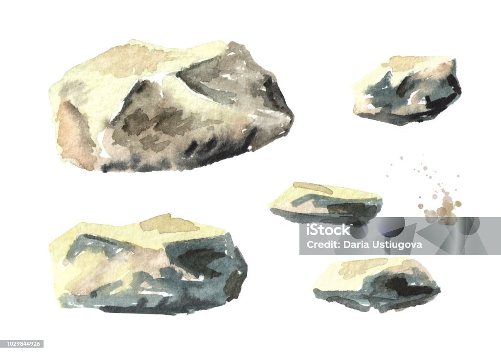 Stone set. Watercolor hand drawn illustration, isolated on white background Black Color stock illustration