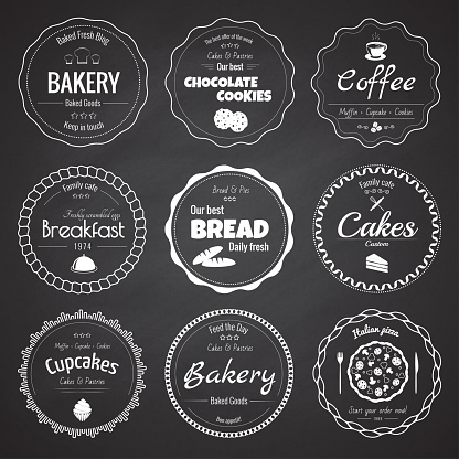 Set of 9 circle bakery labels on the chalkboard background