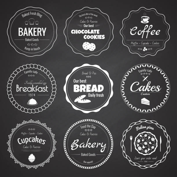 Set of 9 circle bakery labels Set of 9 circle bakery labels on the chalkboard background bread borders stock illustrations
