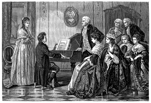 illustration of a Young Beethoven playing before Mozart