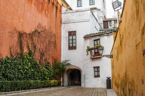 Small square in the neighborhood of Santa Cruz, with the walls of the buildings painted in vivid colors (Seville, Spain)