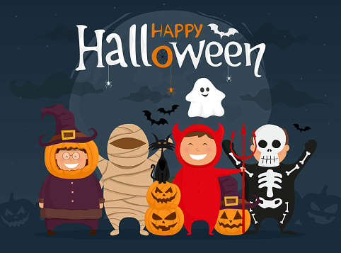Happy halloween with kids in costumes. Mummy, ghost, skeleton, devil, pumpkin and black cat cartoon character.