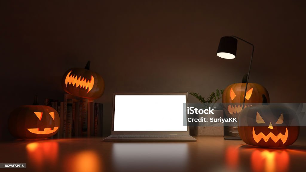 renderizado 3D de la mesa de trabajo con cabeza de calabaza - Foto de stock de Halloween libre de derechos