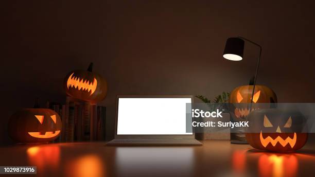 3d Rendering Image Of Working Table With Pumpkin Head Stock Photo - Download Image Now