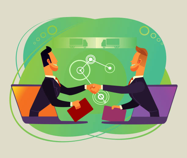 ilustrações de stock, clip art, desenhos animados e ícones de two businessman office workers characters shaking hands by internet. online business cooperation concept flat cartoon graphic design illustration - cyberspace outsourcing technology handshake