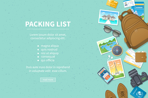 Packing list, travel planning. Preparing for vacation, travel, journey, trip. Baggage, air tickets, passport, wallet, guidebook, camera, compass, headphones, shoes. Place for text. Top view Vector