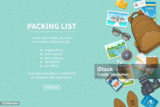 Packing List Travel Planning Preparing For Vacation Travel Journey Trip Baggage Air Tickets Passport Wallet Guidebook Camera Compass Headphones Shoes Place For Text Top View Stock Illustration - Download Image Now