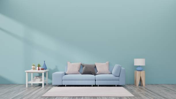 istock Living room with sofa, small shelf and plants have back blue wall background 1029891718