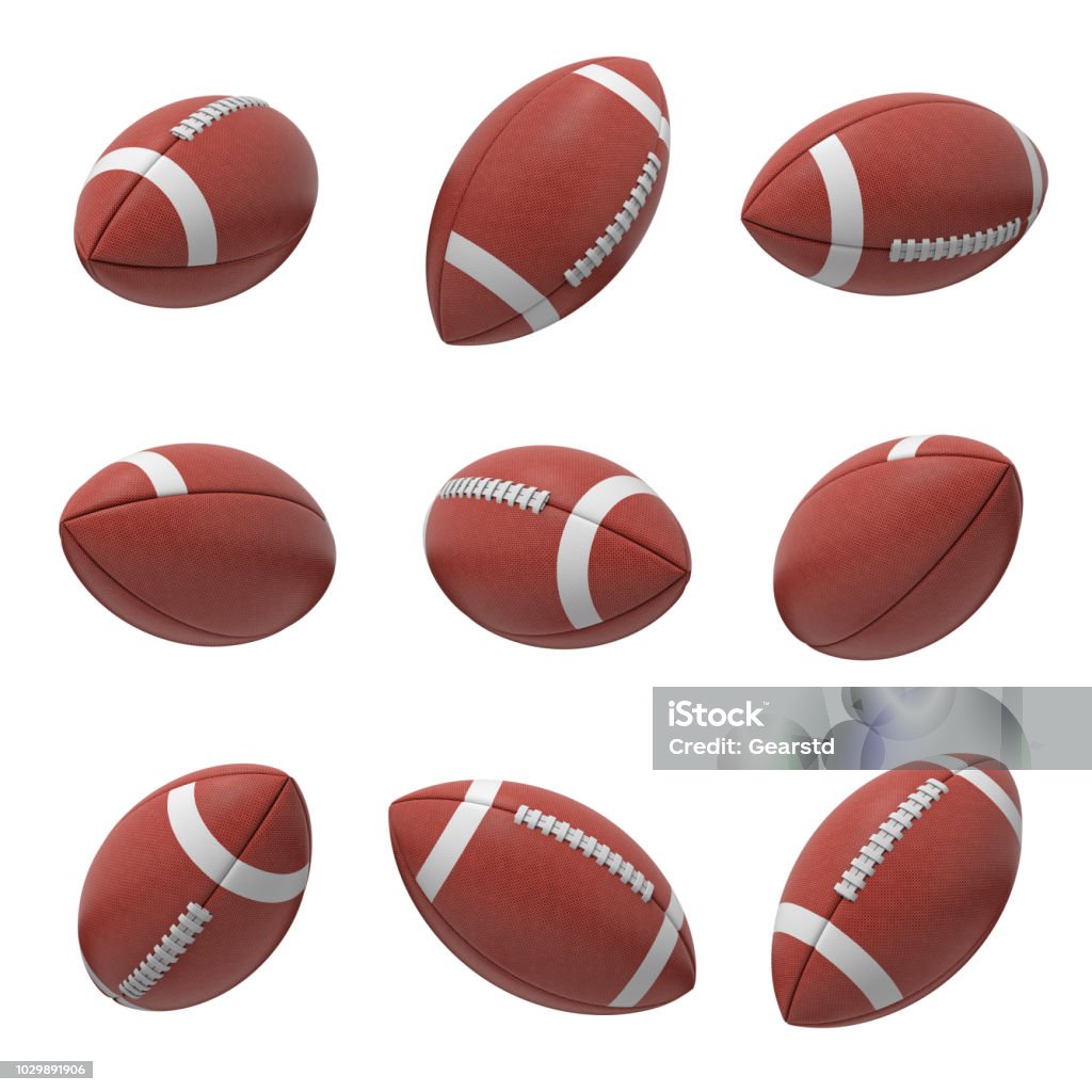 3d rendering of several oval American football ball hanging on a white background and shown from different sides 3d rendering of several oval American football ball hanging on a white background and shown from different sides. Sport and recreation. Ball games. Athletic career. American Football - Sport Stock Photo