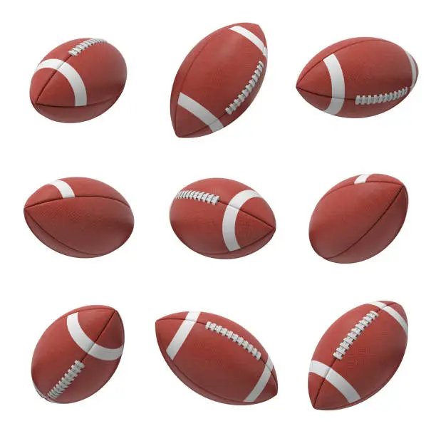 3d rendering of several oval American football ball hanging on a white background and shown from different sides. Sport and recreation. Ball games. Athletic career.