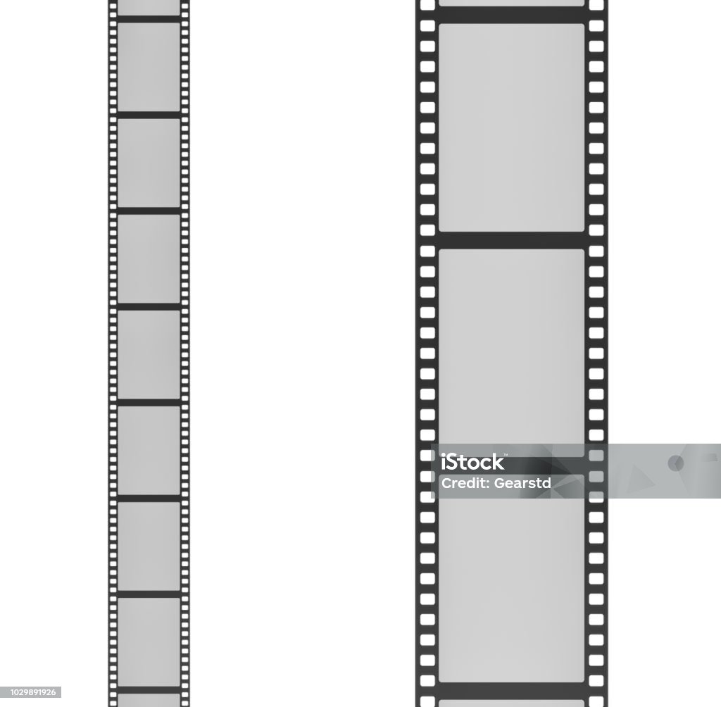 3d rendering of two film strips placed vertically next to each other one with small and the other with big frames 3d rendering of two film strips placed vertically next to each other one with small and the other with big frames. Retro home cinema. Movie history. Films and photographs. Camera Film Stock Photo