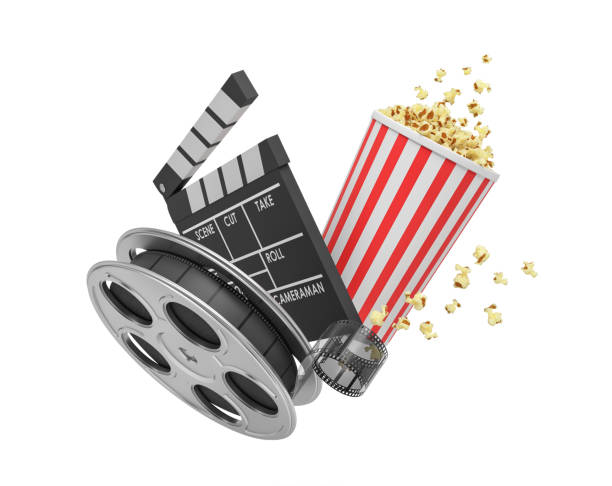 istock 3d rendering of a video reel, popcorn bucket and a clapperboard on a white background 1029891946