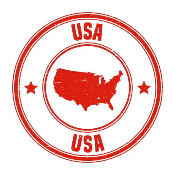 Vector illustration of USA - Red grunge rubber stamp with name and map