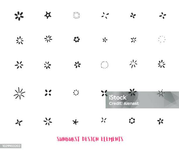 Hand Drawn Sunburst Ray Design Elements Isolated On White Background Modern Starburst Stock Illustration - Download Image Now