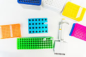 Science and medical background. 8 chanel pipette and laboratory supplies