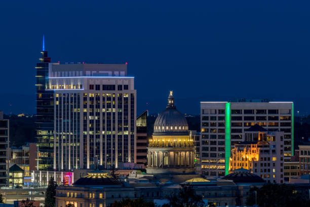 istock Idaho capital building and Boise at night with deep blue night sky 1029906594