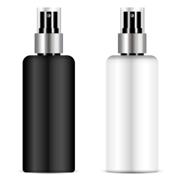 istock Black and white sprayer bottle set with transparent lid for for cosmetic, perfume, deodorant, freshener. Realistic Vector Illustration isolated on background. 1029911790