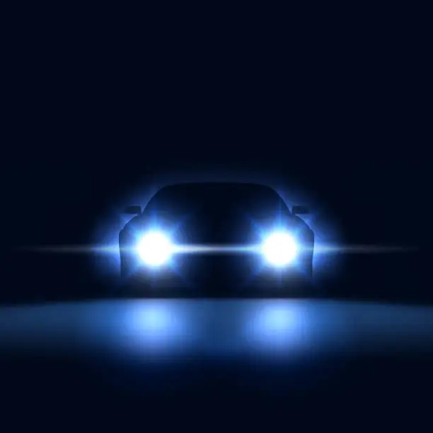 Vector illustration of Night car with bright headlights approaching in the dark, silhouette of car with xenon headlights in the showroom, vector illustration