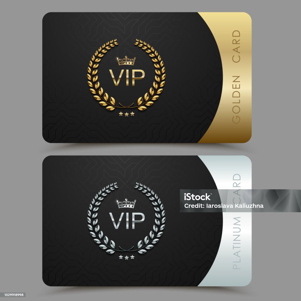 Vector VIP golden and platinum card. Black geometric pattern background with crown laurel wreath. Luxury design for vip member Vector VIP golden and platinum card. Black geometric pattern background with crown laurel wreath. Luxury design for vip member. Greeting Card stock vector