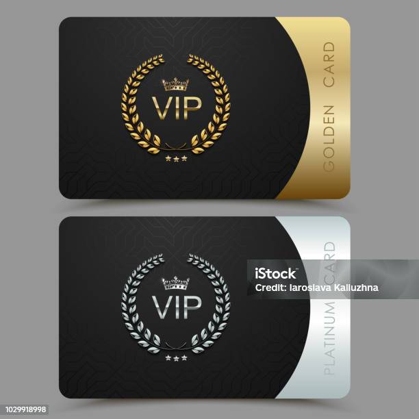 Vector Vip Golden And Platinum Card Black Geometric Pattern Background With Crown Laurel Wreath Luxury Design For Vip Member Stock Illustration - Download Image Now