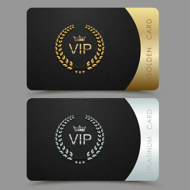 Vector illustration of Vector VIP golden and platinum card. Black geometric pattern background with crown laurel wreath. Luxury design for vip member