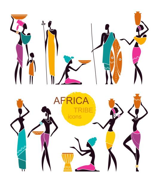 アフリカ人と伝統的な服で子供たちと女性のシルエット - family single mother black mother点のイラスト素材／クリップアート素材／マンガ素材／アイコン素材