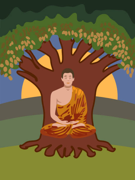 ilustraciones, imágenes clip art, dibujos animados e iconos de stock de monje budista meditando en la pose del loto sentado bajo un árbol verde. crecimiento espiritual. el camino hacia la iluminación. - monk meditating thailand bangkok
