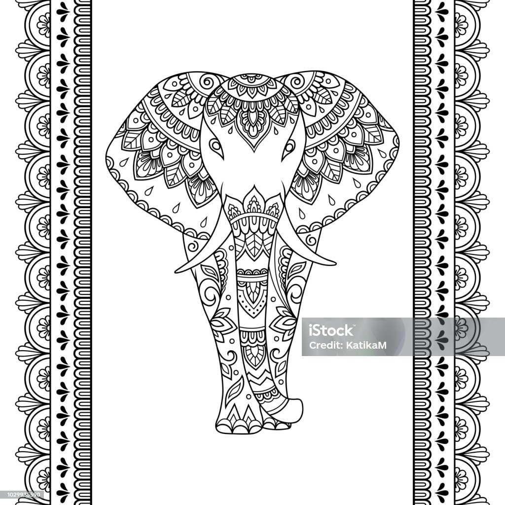 Set of Mehndi African elephant with ethnic floral vintage pattern and seamless border for Henna drawing and tattoo. Hand drawn decorative doodle animal in oriental, Indian style. Abstract stock vector
