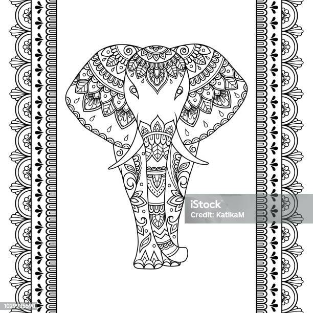 Set Of Mehndi African Elephant With Ethnic Floral Vintage Pattern And Seamless Border For Henna Drawing And Tattoo Hand Drawn Decorative Doodle Animal In Oriental Indian Style Stock Illustration - Download Image Now