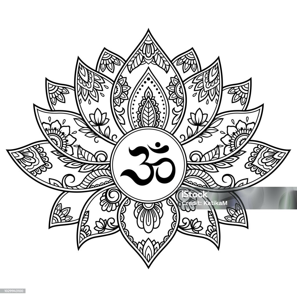 Mehndi Lotus flower pattern with mantra OM symbol for Henna drawing and tattoo. Decoration mandala in ethnic oriental, Indian style. Abstract stock vector