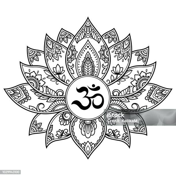 Mehndi Lotus Flower Pattern With Mantra Om Symbol For Henna Drawing And Tattoo Decoration Mandala In Ethnic Oriental Indian Style Stock Illustration - Download Image Now