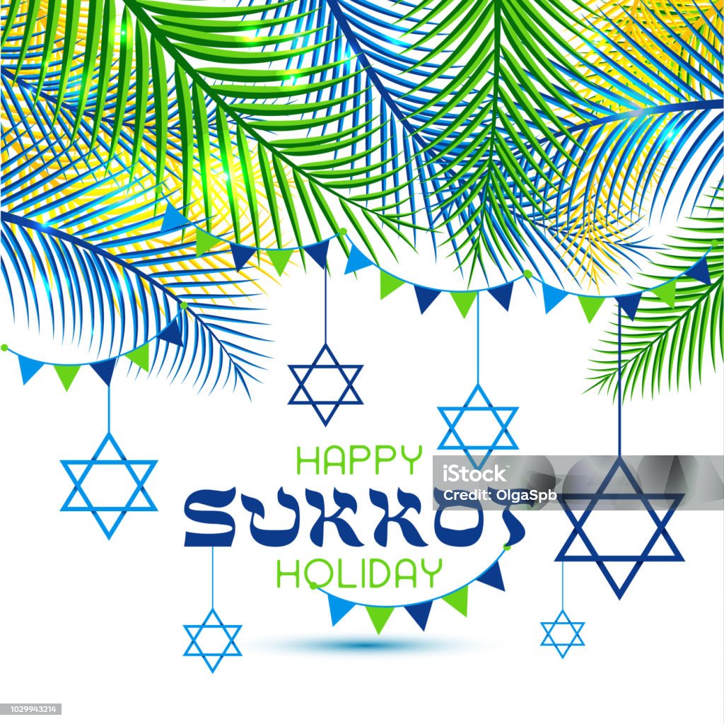 Happy Sukkot Holiday. Jewish Holiday Sukkot. Vector Jewish new year. Autumn Fest. Rosh Hashana Israel Sukkah. Palm tree leaves frame. Happy Sukkot Holiday. Jewish Holiday Sukkot. Vector Jewish new year. Autumn Fest. Palm tree leaves frame. Sukkoth Festival stock vector