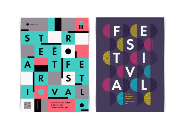 illustrazioni stock, clip art, cartoni animati e icone di tendenza di layout poster festival con elementi geometrici colorati. illustrazione vettoriale. - esposizione via