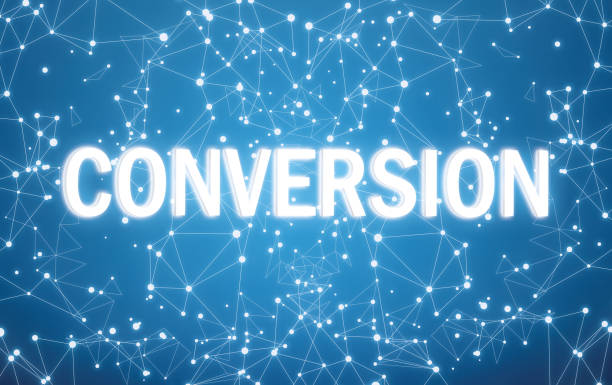 Digital conversion text on blue network background stock photo