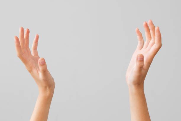 istock Female hand holding something on isolated background 1029943506